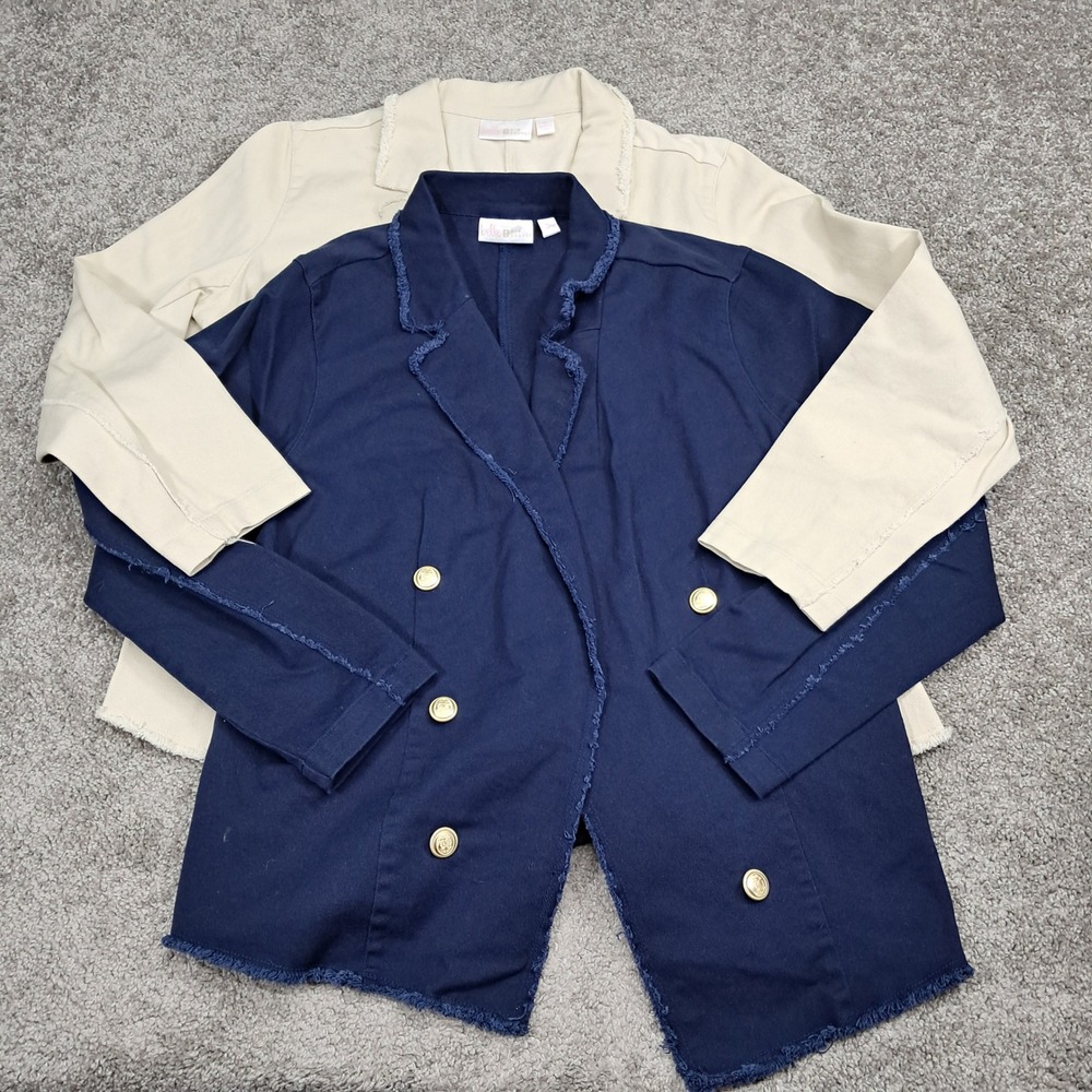Belle by Kim Gravel Womens Raw‎ Edge Double Breasted Blazer Set Navy Beige XL